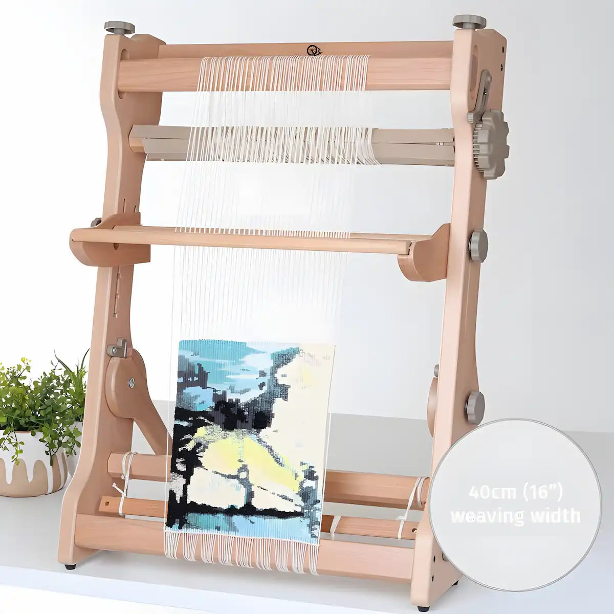 Wooden Tapestry Loom showing off fine work while standing up.