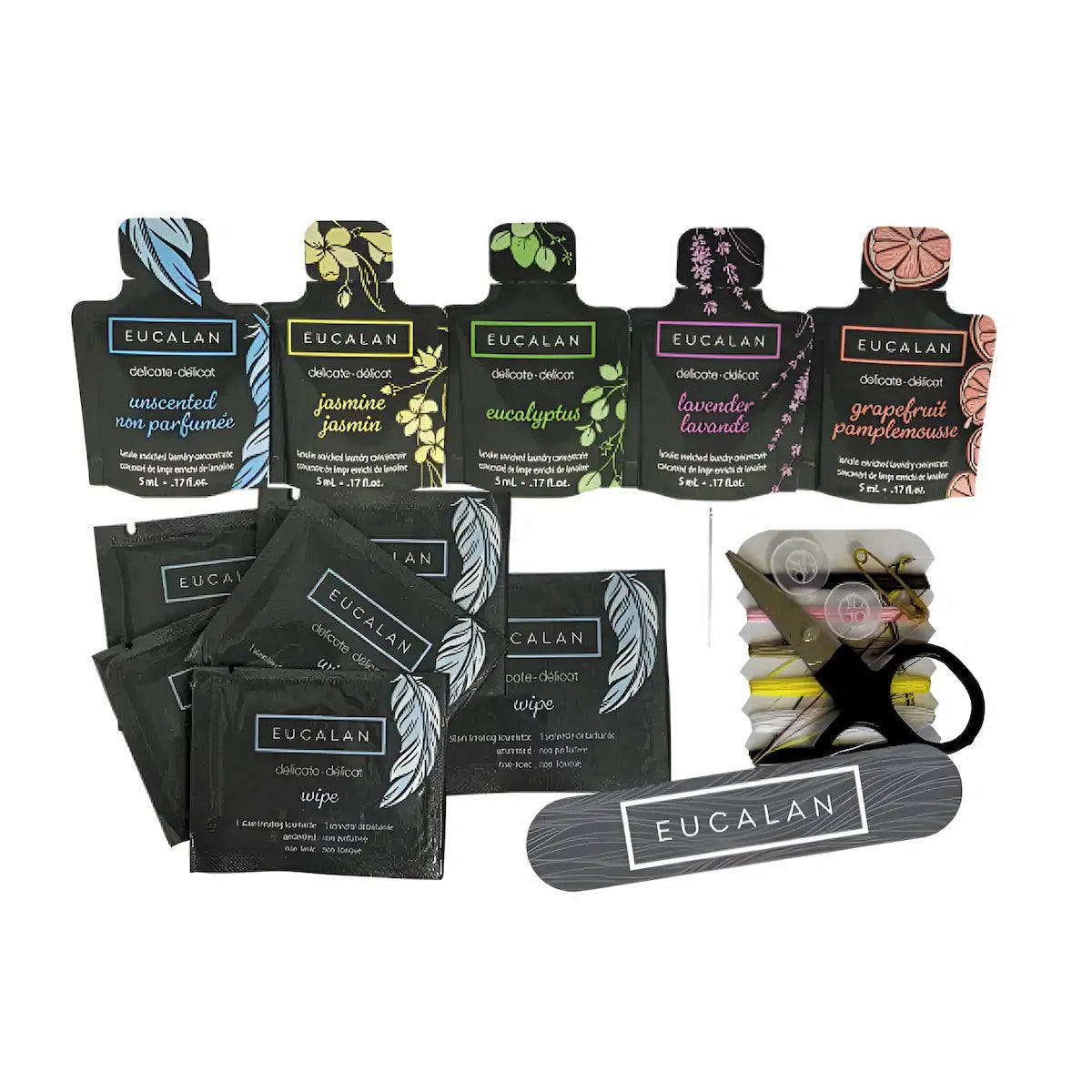 Collection of Eucalan products including sachets and a nail file with the brand name.