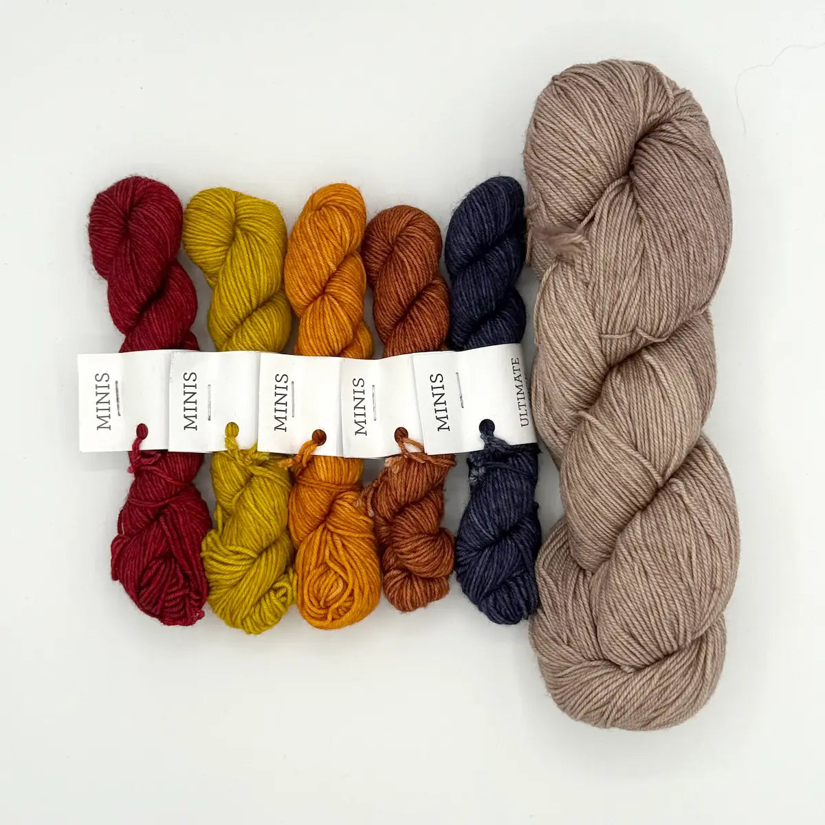 Set of colorful yarn mini skeins and a larger skein on a white background