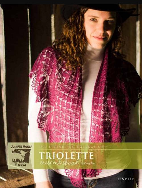 Juniper Moon Triolette Crescent Shawl worn by woman