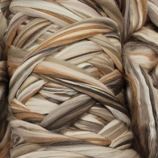 Chocolate Malt spinning fiber in Sand Silk, a merino alpaca and mulberry silk blend top in tone on tone creams and browns