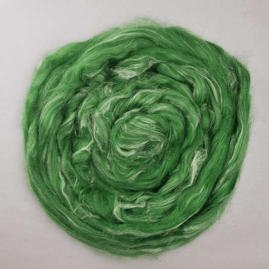 Clover Fields summer silk blend coiled flat, bright green with pale silk and flax flecks