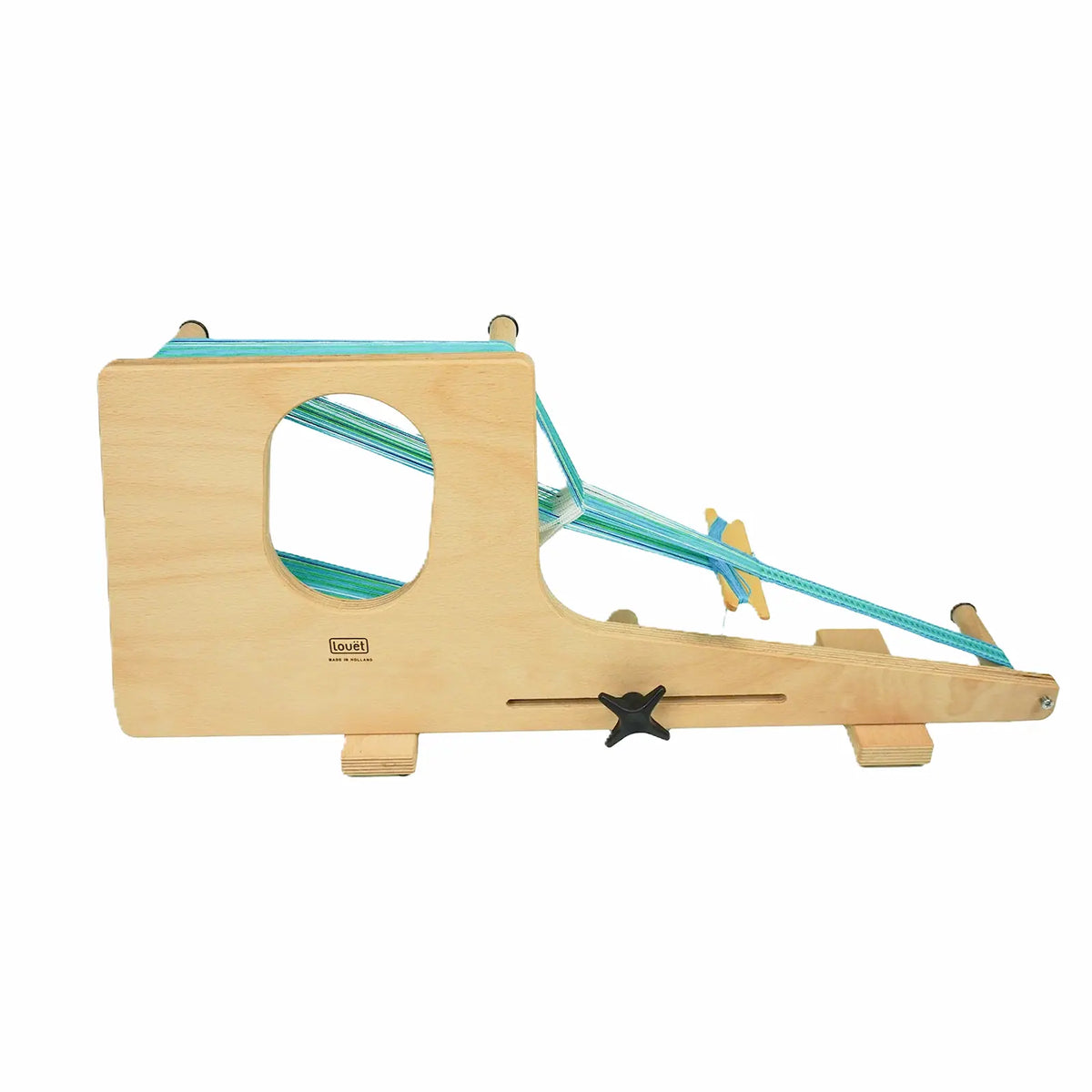 Back of the Louet Standard inkle loom showing the star knob tension peg