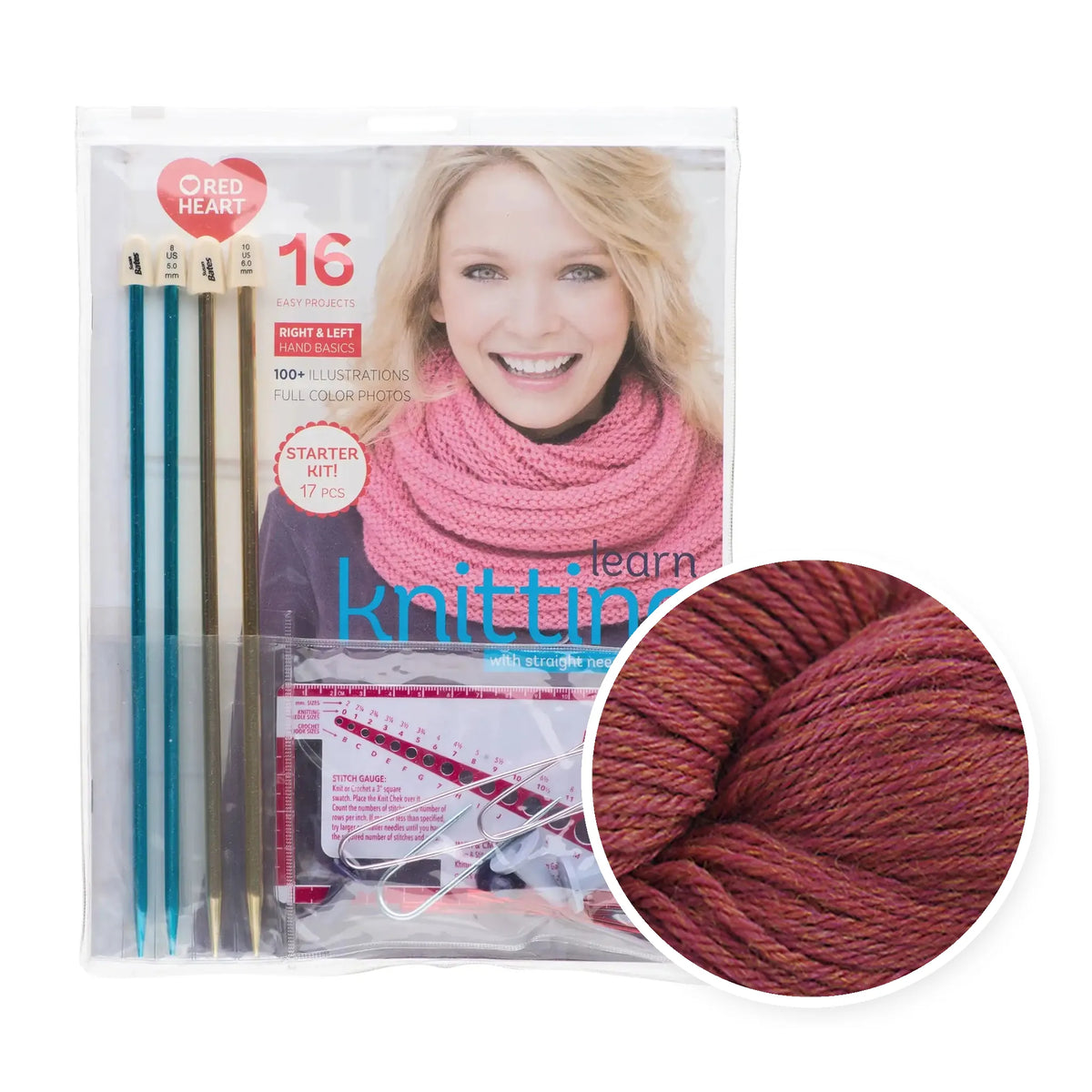 Learn to Knit Kit with Yarn color 1008 Flamingo Heather