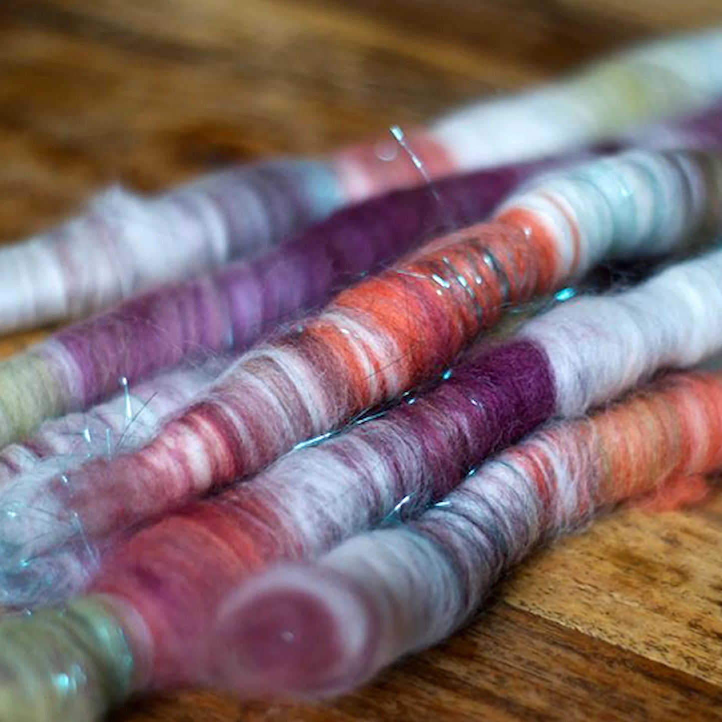 Example rolags produced with added nylon sparkle
