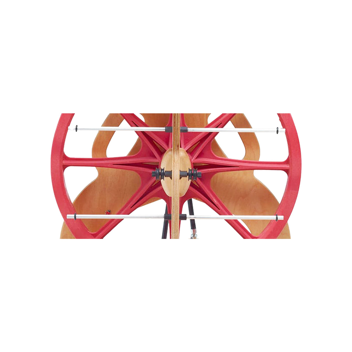 Close-up of the Schacht Ladybug Lazy Kate rods and bobbin spacers in the wheel frame