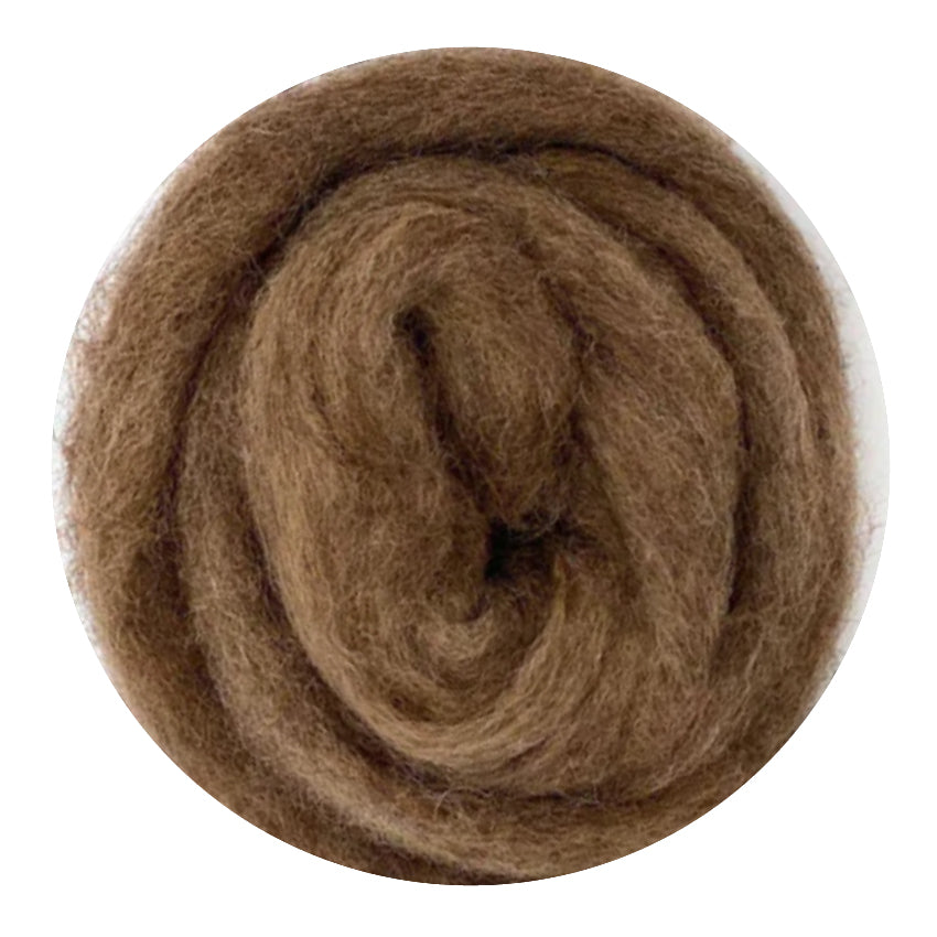 Color Deer. A medium-light brown shade of bulky carded corriedale wool sliver.