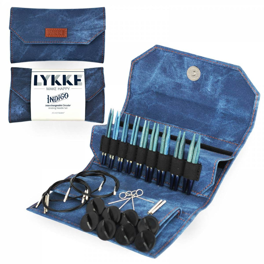 A light blue, driftwood style interchangeable knitting needle set with 3.5" tips in a blue case