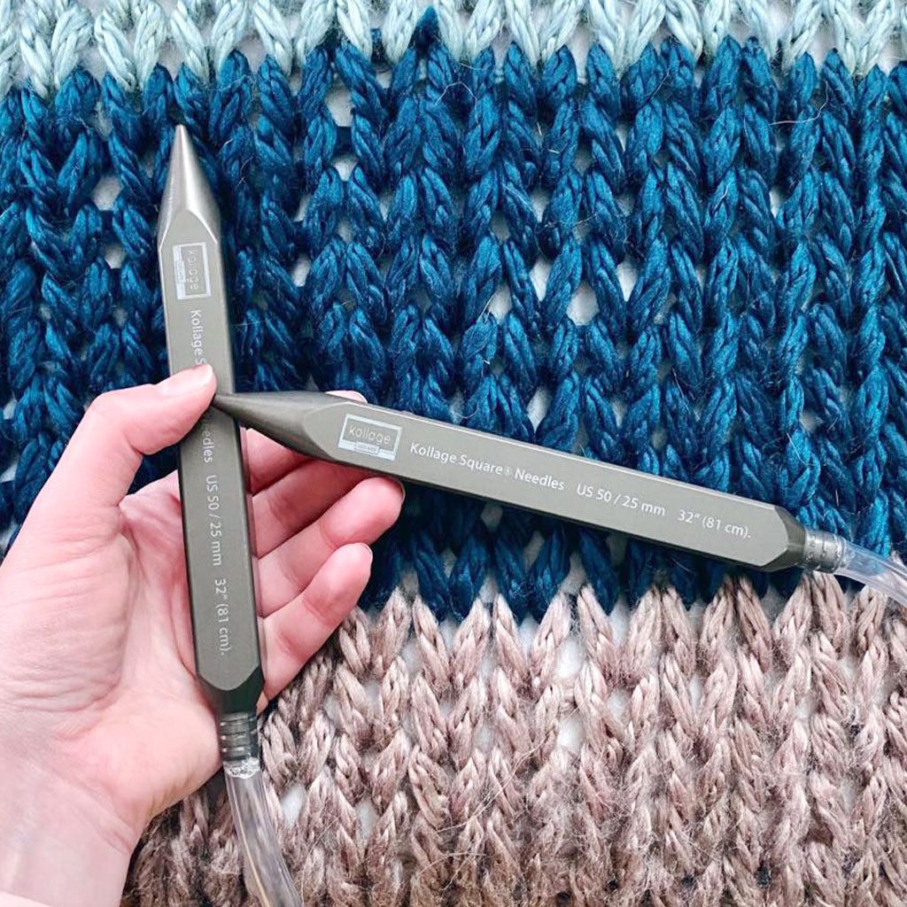A close up look at one of Kollage's Square Circular Chunky Needles in the US needle size 50.