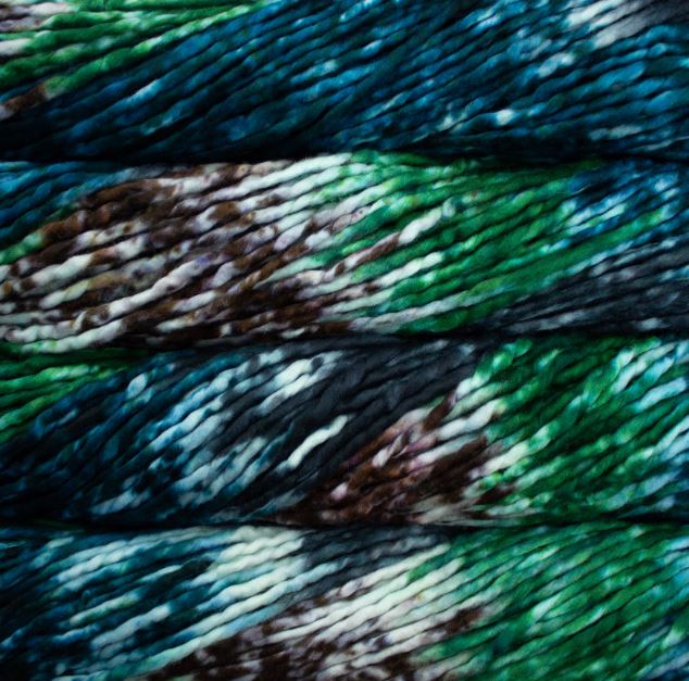 Color: Pintada Snake 171. A Kelly green, blue, white and brown variant of Malabrigo Rasta yarn. 