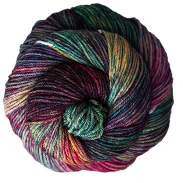 A skein of Caprino in the color Aniversario 005, a pink, green, yellow, and purple colorway.
