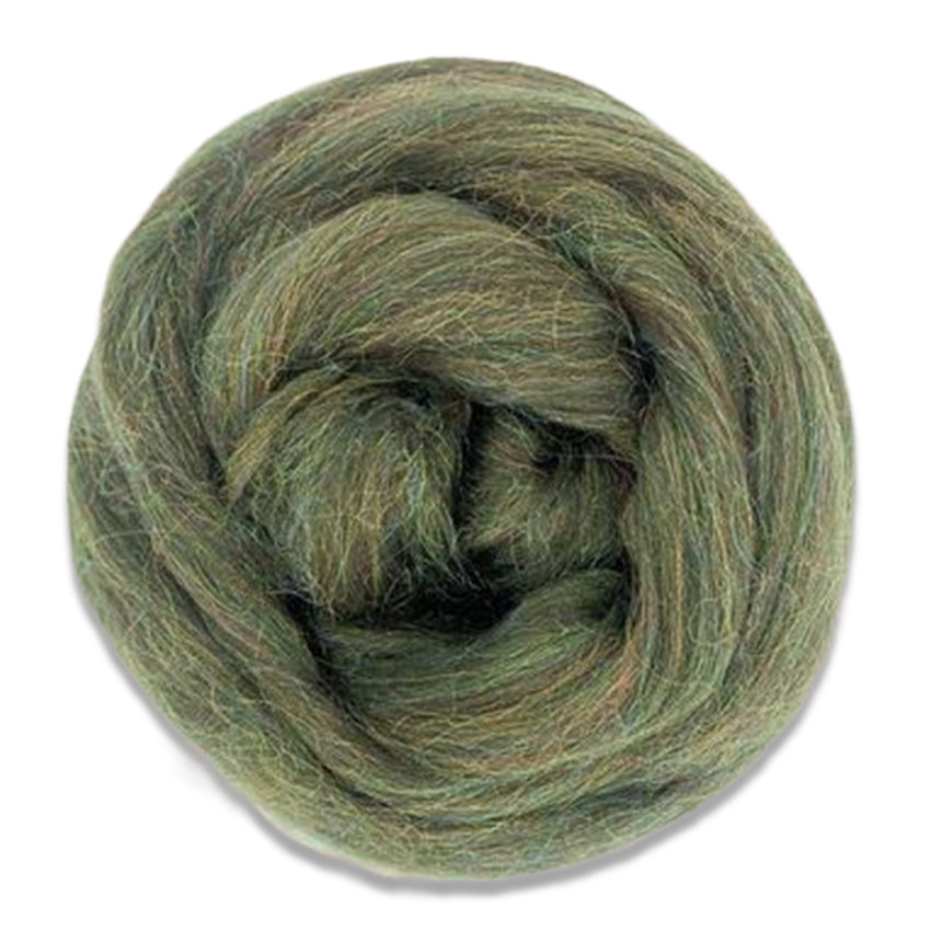 Color Moss. A green shade of merino wool with rainbow sparkly nylon blended in.
