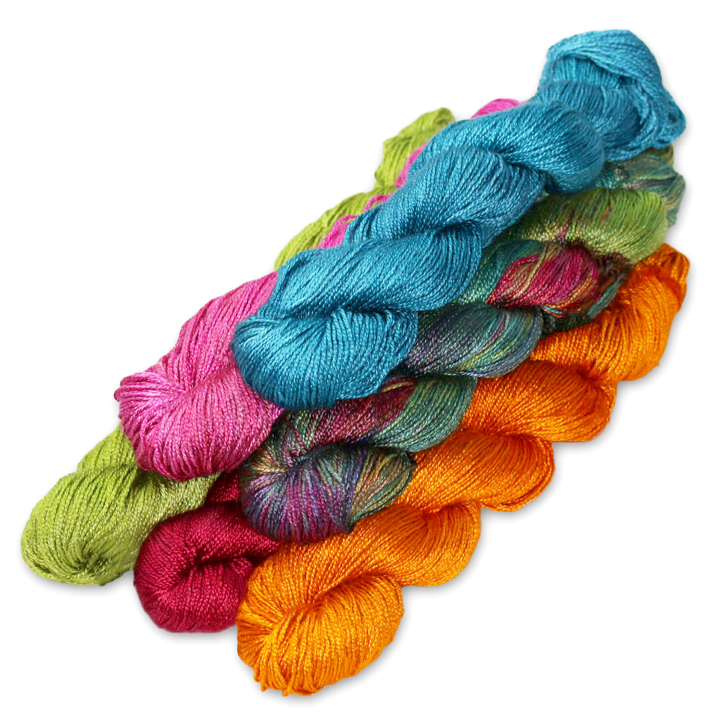 Multiple twisted hanks of Malabrigo Mora Fingering in various colors