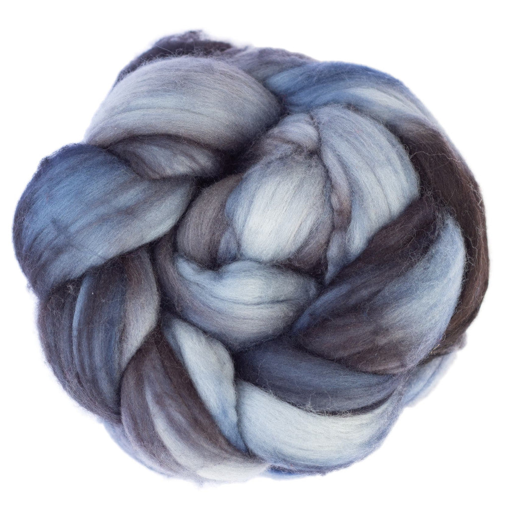 Color 845 Cirrus Grey - a hand dyed merino top in shades of light to dark grey