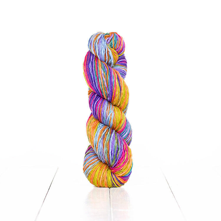 Color 6024, hand-dyed yarn in self-striping shades of purples, pinks, yellows, oranges, and pastel blues.