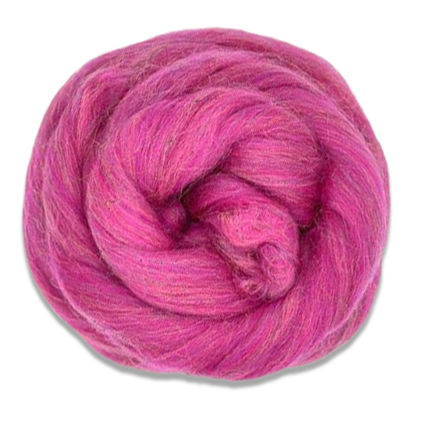Color Raspberry. A pink shade of merino wool with rainbow sparkly nylon blended in.