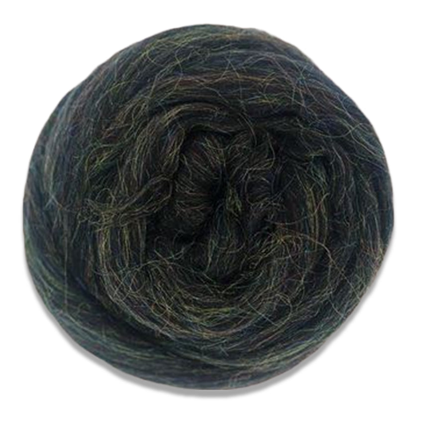 Color Raven. A black shade of merino wool with rainbow sparkly nylon blended in.