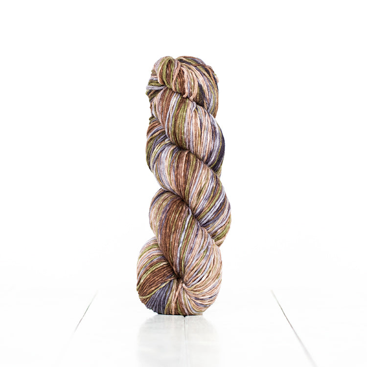 Color 6006, hand-dyed yarn in self-striping shades of tan, brown, grey, and green.
