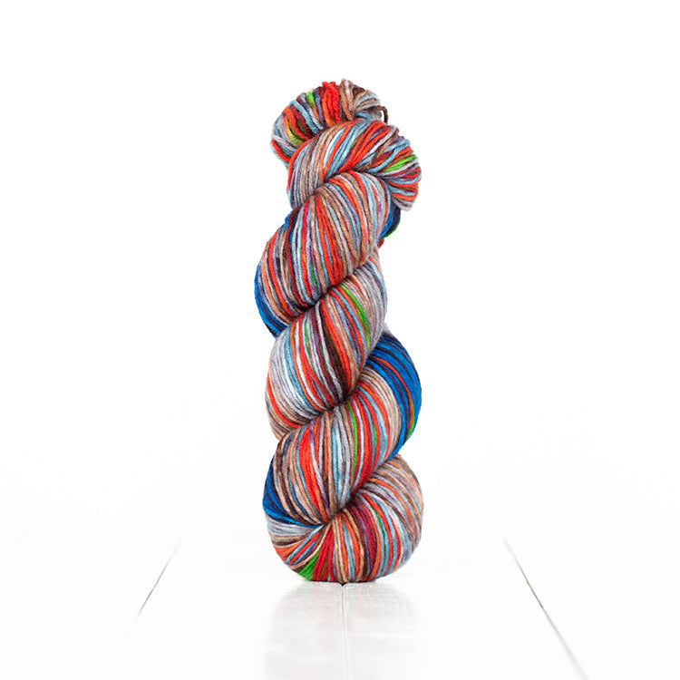 Color 6009, hand-dyed yarn in self-striping shades of grey, red, blue, and a little green.
