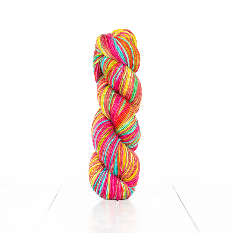 Color 6014, hand-dyed yarn in self-striping bright summer shades of pink, yellow, blue, and green.