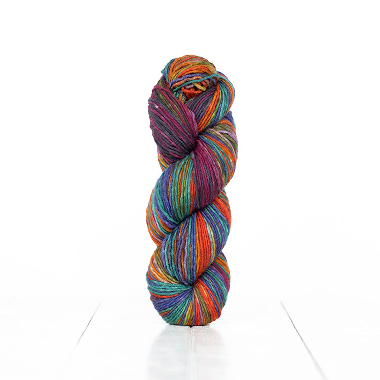 Color 6020, hand-dyed yarn in self-striping shades of orange, burgundy, blue, green, and grey.