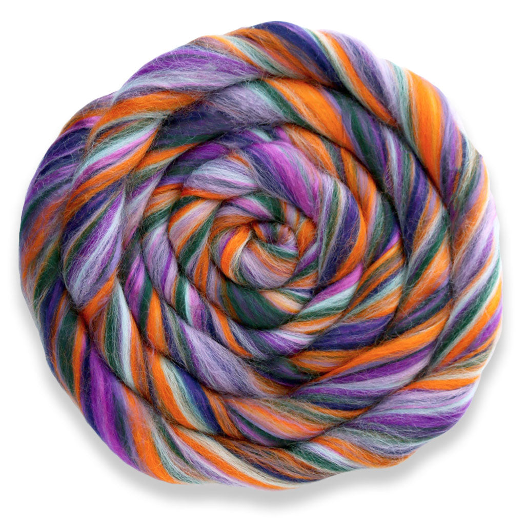 Barroness Bloomfield. A Purple, Orange, Lavendar, and Black Corriedale, Bamboo, and Silk Blend.