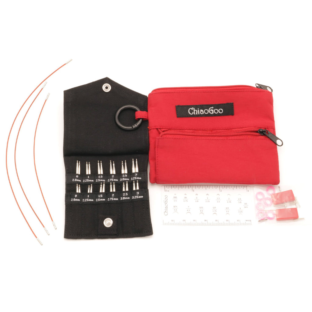 Mini Chiaogoo Twist Shorties set with red cables in a red pouch with accessories 