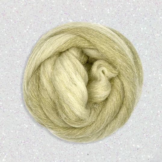 Color White and Gold. White merino wool blended with gold stellina fiber.