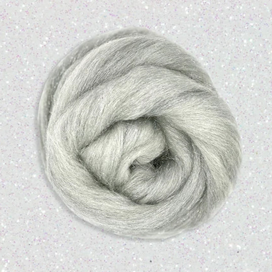 Color White and Silver. White merino wool blended with silver stellina fiber.