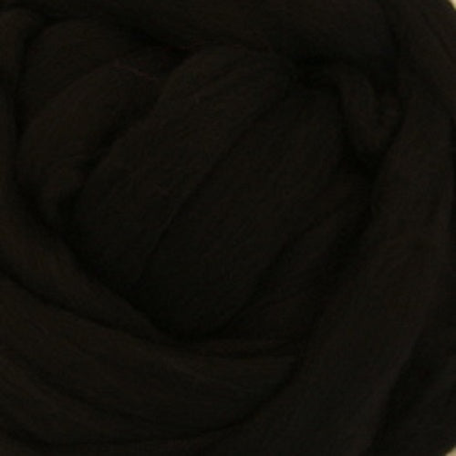 Color Black. A true black shade of solid color merino wool top.