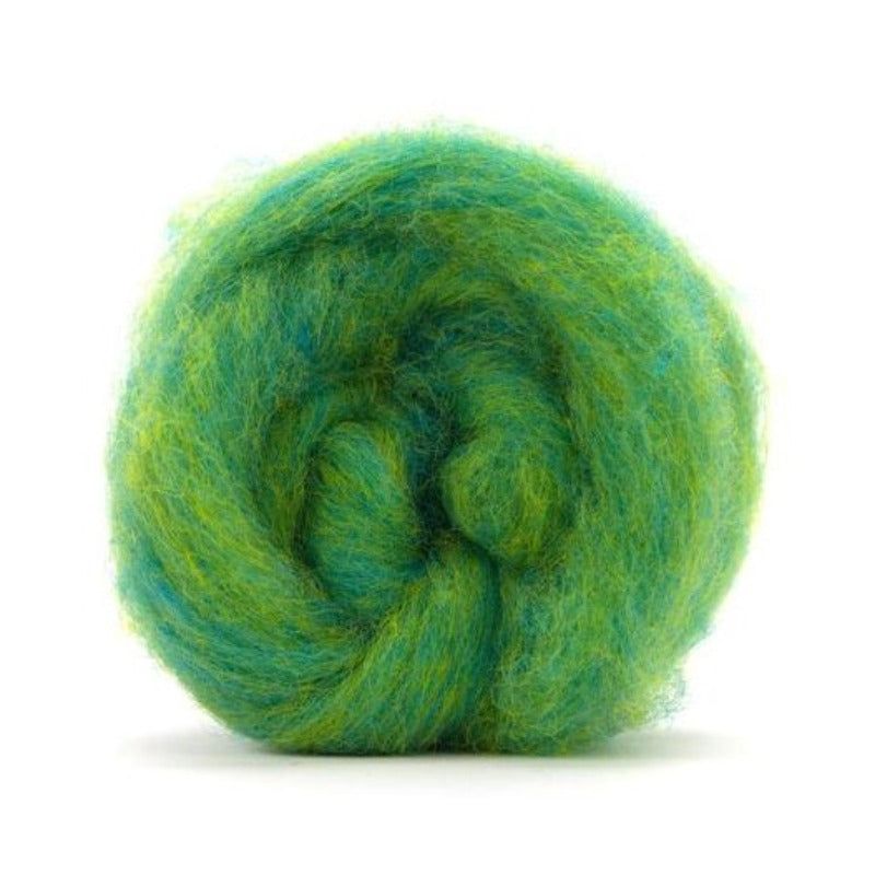 A green and yellow shade of carded corriedale wool roving.