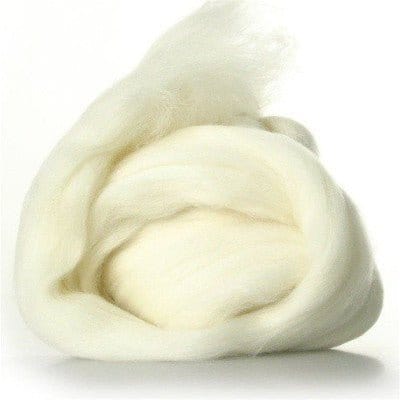 Coiled length of undyed natural white 64 count Merino wool top on a white background