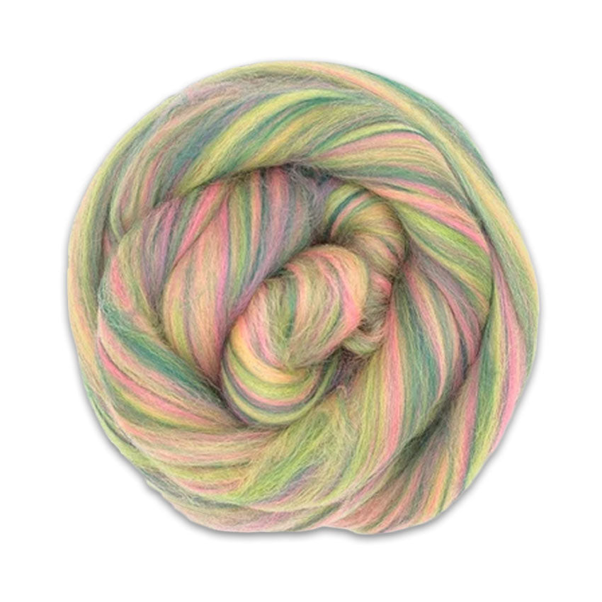 Color Hickory Dickory. A tonal green, pink, and lime bamboo and merino spinning fiber blend.