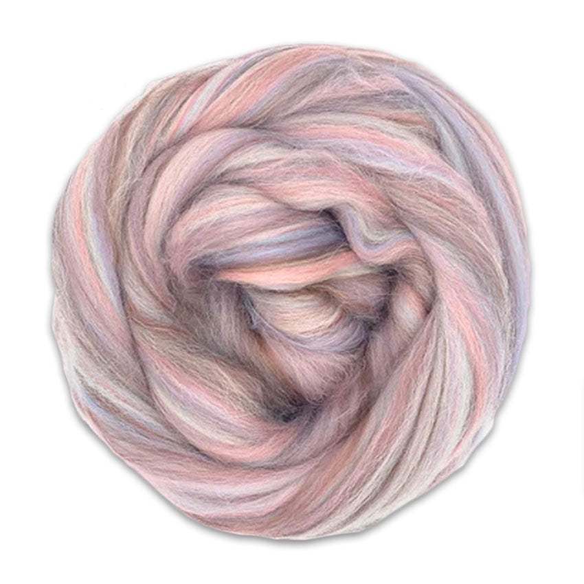 Color Humpty Dumpty. A tonal pink, lavender, and mink bamboo and merino spinning fiber blend.