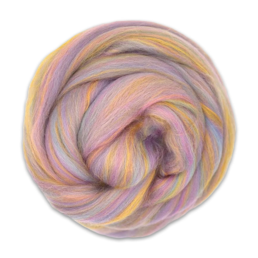 Color Itsy Bitsy. A tonal pink, lavender, and orange bamboo and merino spinning fiber blend.