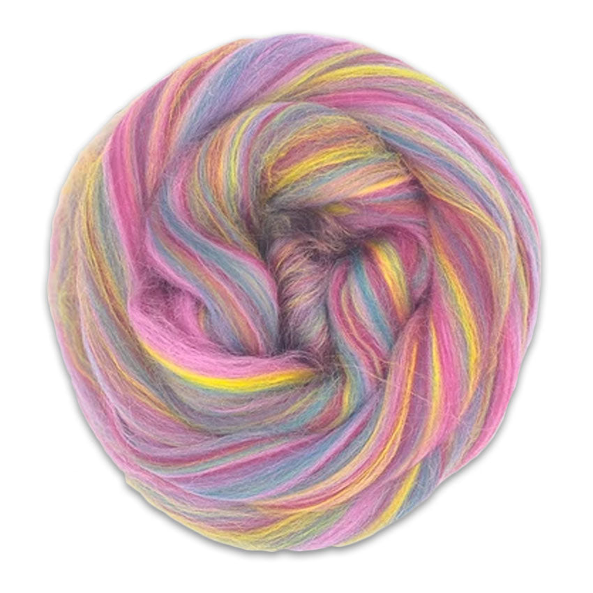 Color Twinkle Twinkle. A tonal pink, yellow, and lavender bamboo and merino spinning fiber blend.