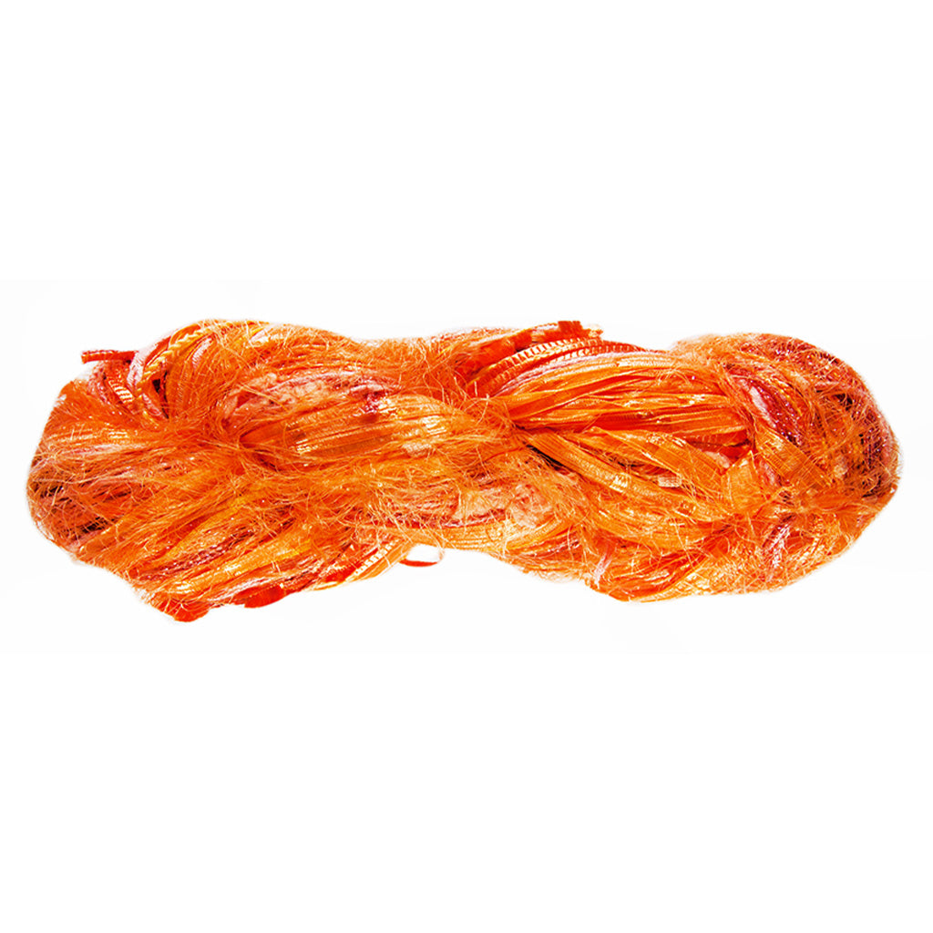 Color 504, a skein of bright orange yarn, full of texture and sparkle.