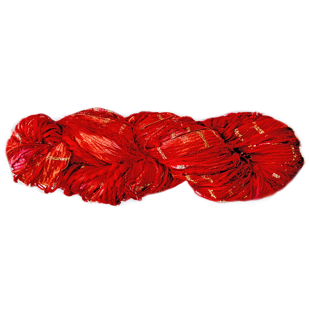 Color 510, a skein of vibrant red yarn, full of texture and sparkle.