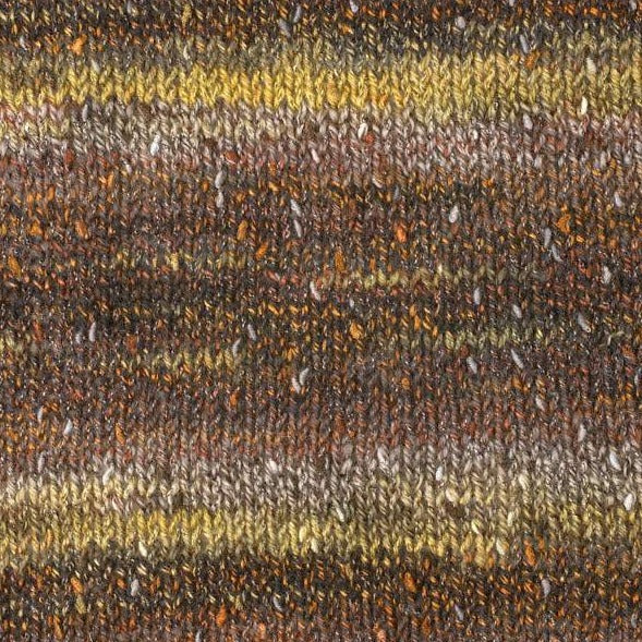 Chestnut 7457. A self striping yarn with yellow, brown, white and orange.