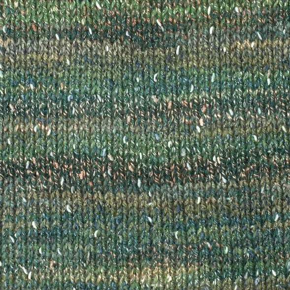 Matcha 7458. A self striping yarn with tan and shades of light and dark green.