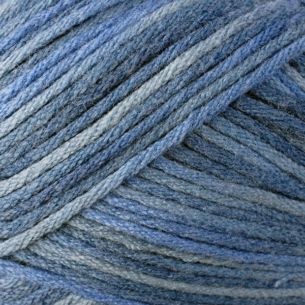 Color Military Mix 9807. A multi color grey, light and dark blue skein of Berroco Comfort yarn.
