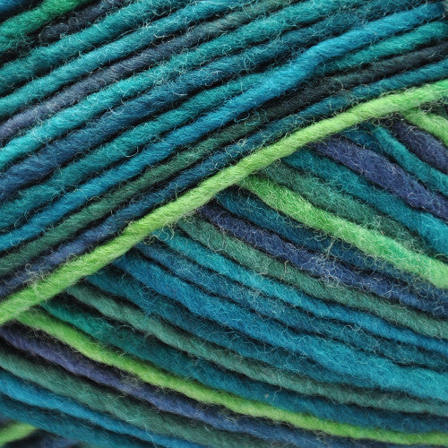 Brown Sheep Lanaloft Bulky in Shimmering Lagoon - a variegated colorway in shades of  blue, teal and lime green