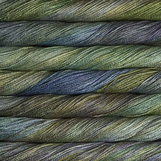 Malabrigo Mora Fingering in Indiecita - a variegated blue, yellow-green. and grey colorway