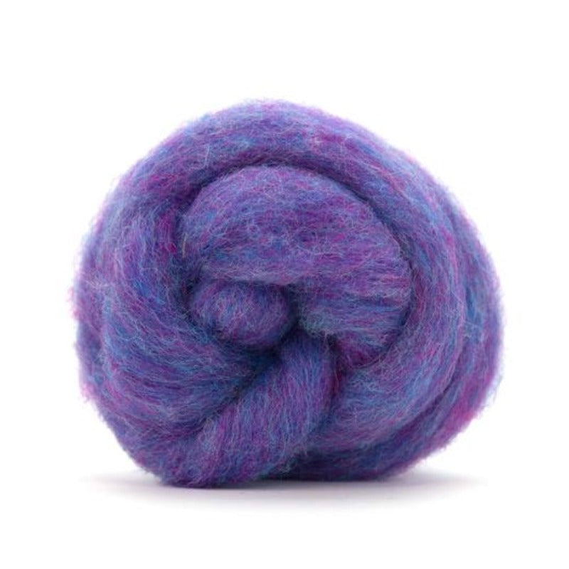 A purple and red shade of carded corriedale wool roving.