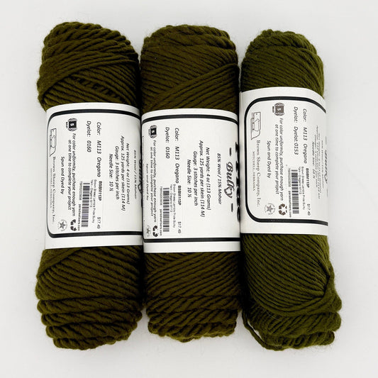 Three skeins of Brown Sheep Lamb's Pride Bulky in M113 Oregano, two from dye lot 0160 and one from dye lot 0153
