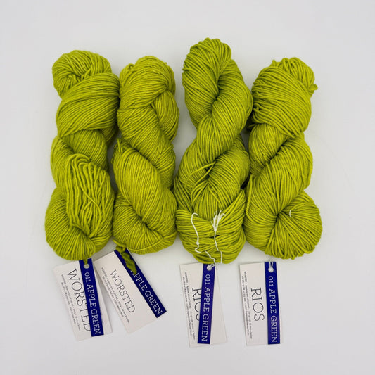 Two hanks of Malabrigo Worsted, a non-superwash merino, beside two hanks of Malabrigo Rios, a superwash merino, all in 011 Apple Green