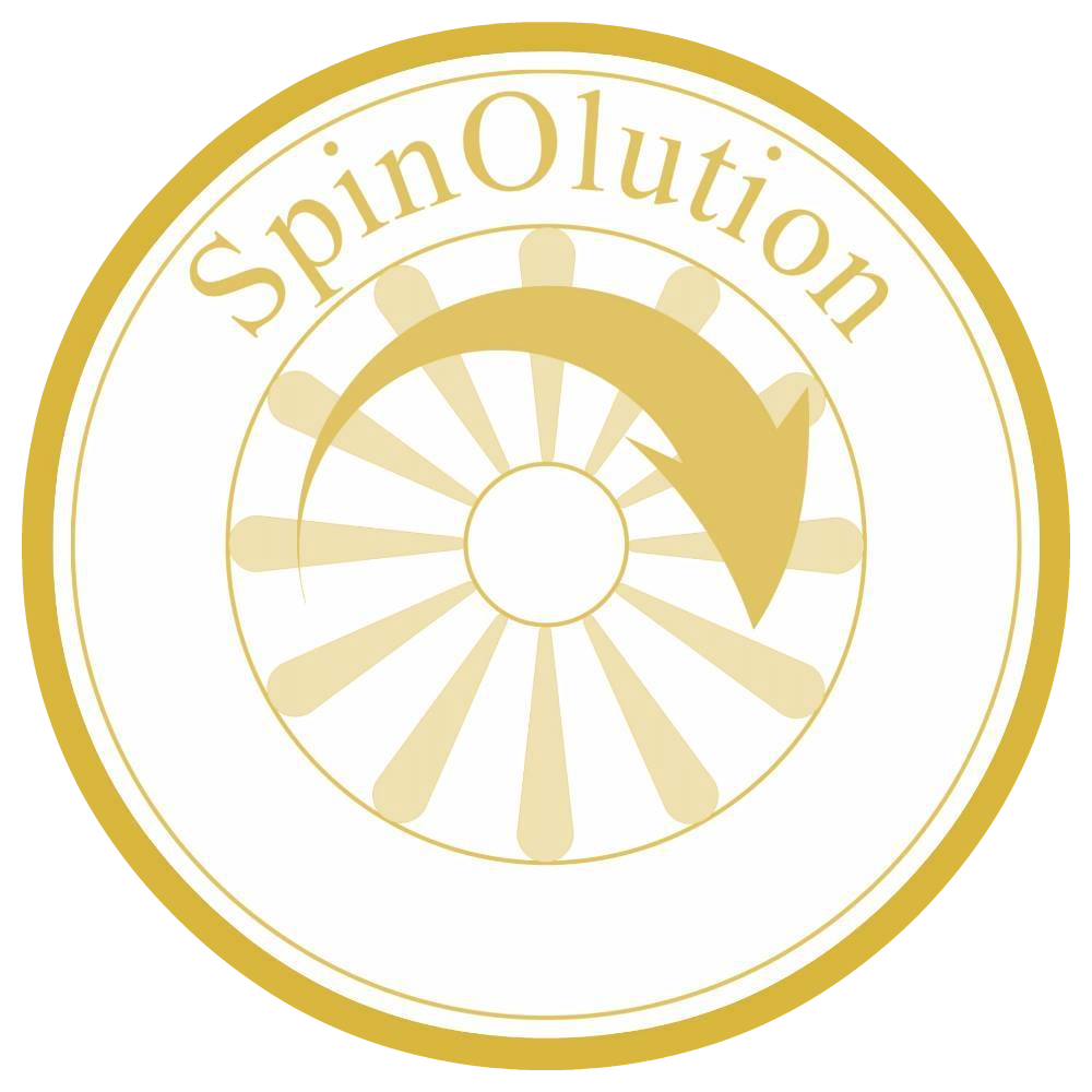spinolution logo branding, showing their name against a "spinning" wheel