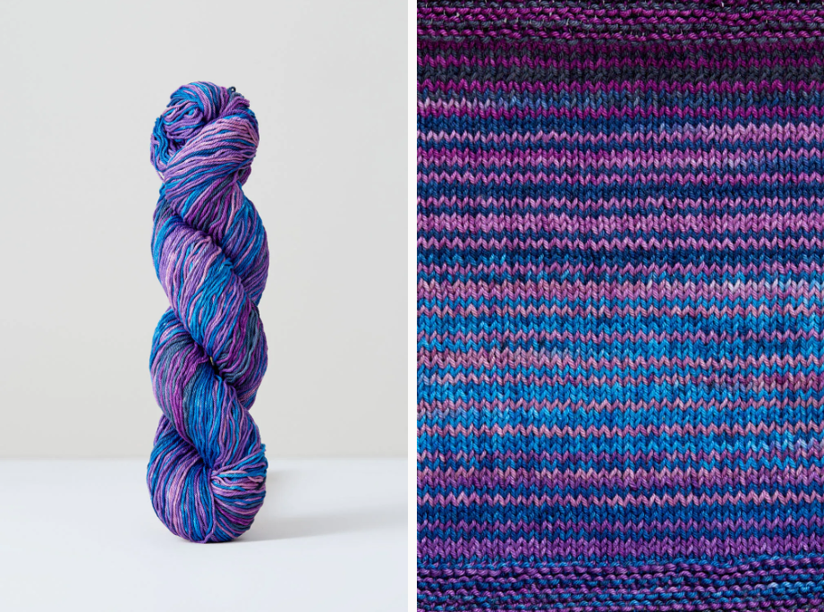 Color 1074: a hand-dyed skein of self striping cotton yarn with blue, pink, and purple shades