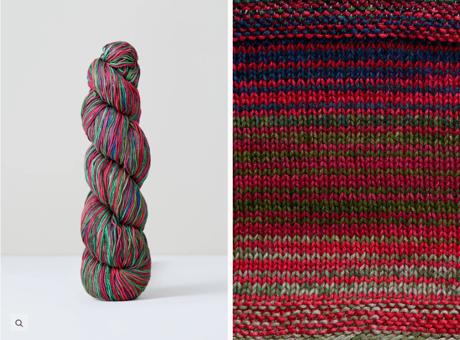 Color 1075: a hand-dyed skein of self striping cotton yarn with blue, red, and green shades