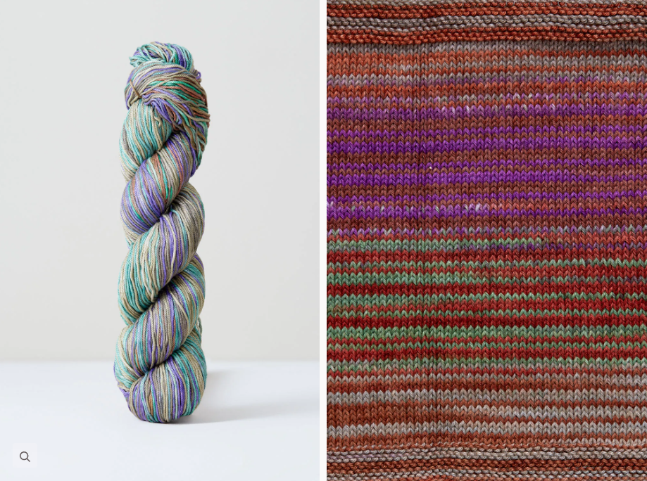 Color 1077: a hand-dyed skein of self striping cotton yarn with pink, orange, and green shades